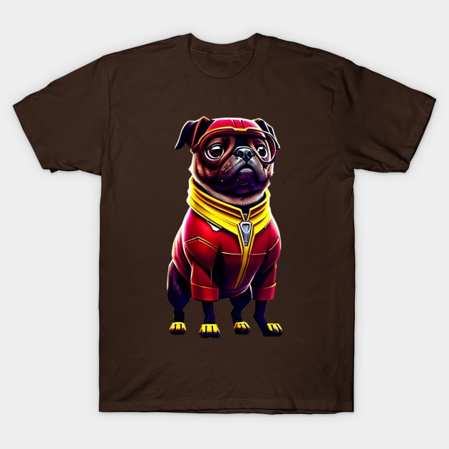 Cute Pug in Red Iron Suit - Adorable Dog in Custom Metal Costume T-Shirt by fur-niche